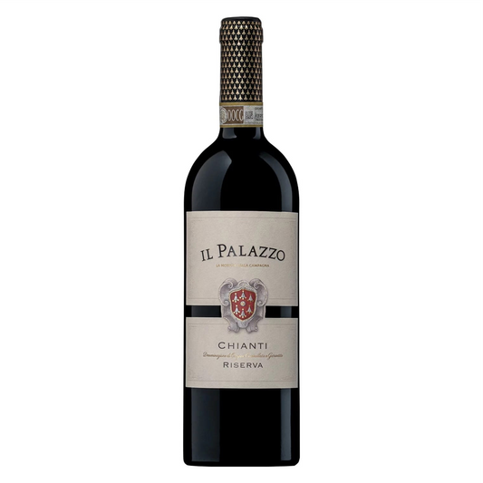 Wine bottle labeled 'Il Palazzo Chianti Riserva' on a white background