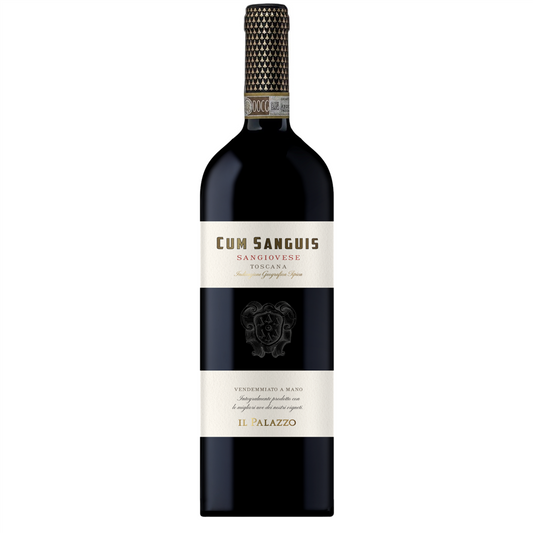 Il Palazzo wine bottle labeled 'Cum Sanguis' on a white background