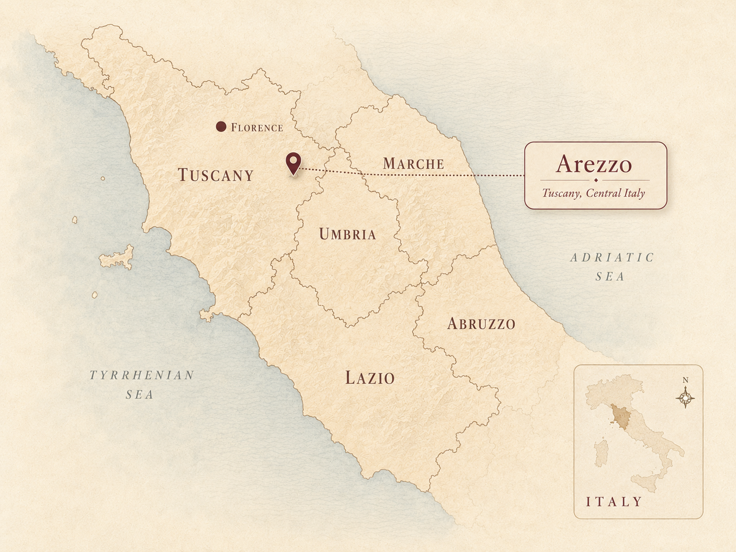 Map of Arezzo in Tuscany, central Italy