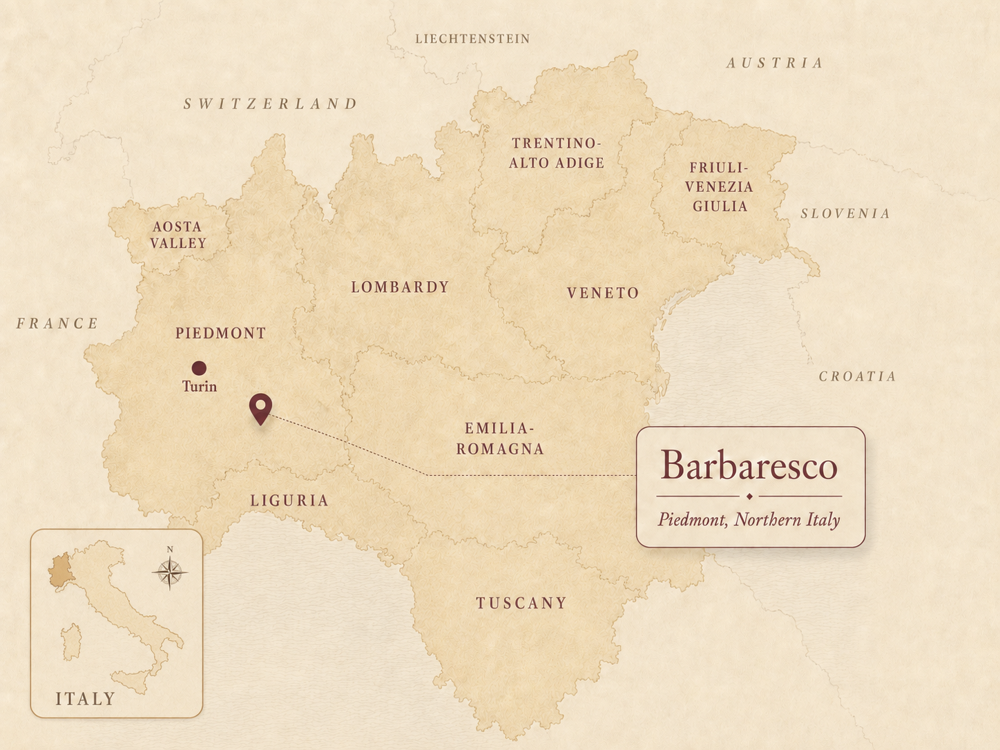 Map of Barbaresco in Piedmont, Italy