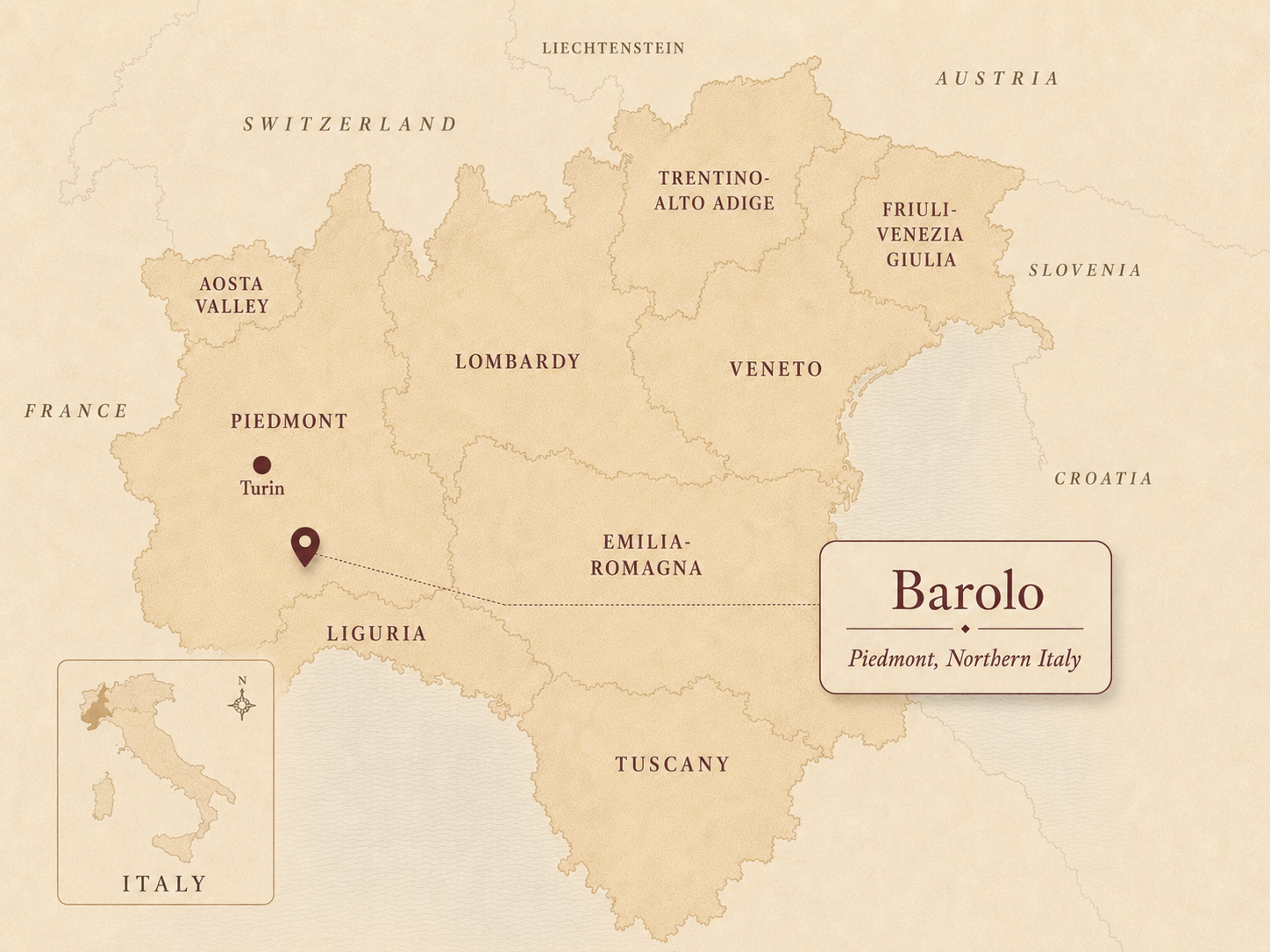 Map of Barolo in Langhe, Piedmont