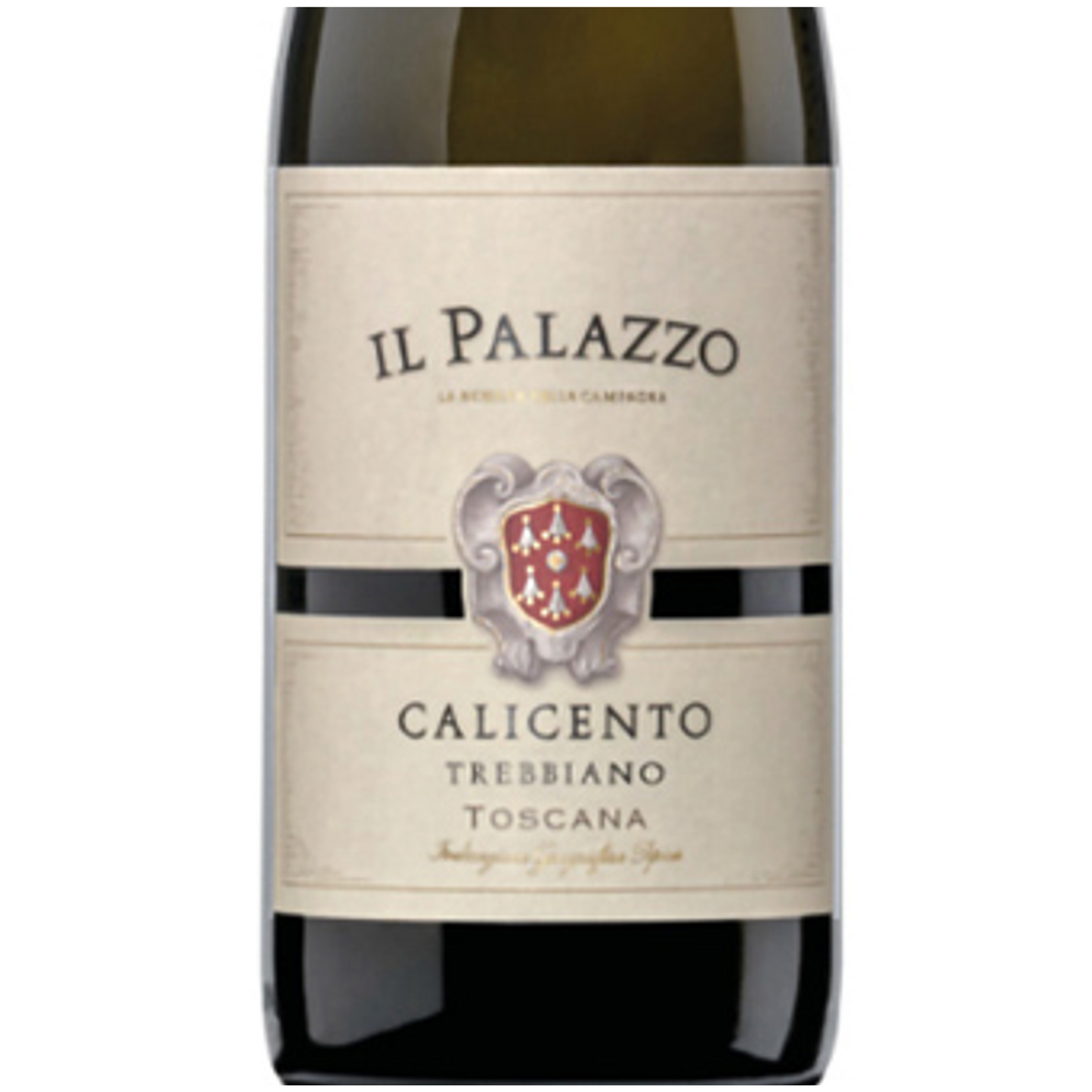 Wine bottle labeled 'Il Palazzo Calicento Trebbiano Toscana' on a white background