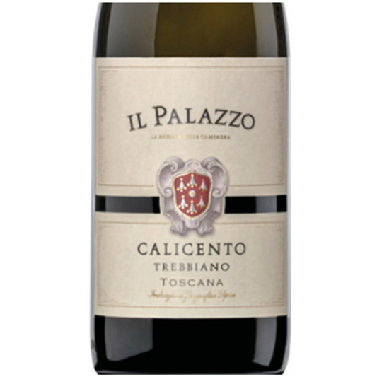 Wine bottle labeled 'Il Palazzo Calicento Trebbiano Toscana' on a white background