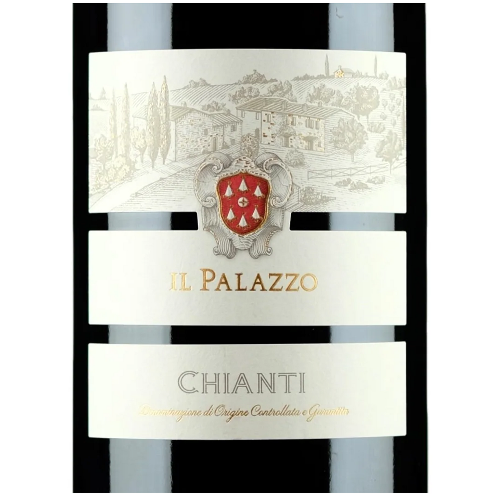 Il Palazzo Chianti wine bottle label with crest closeup
