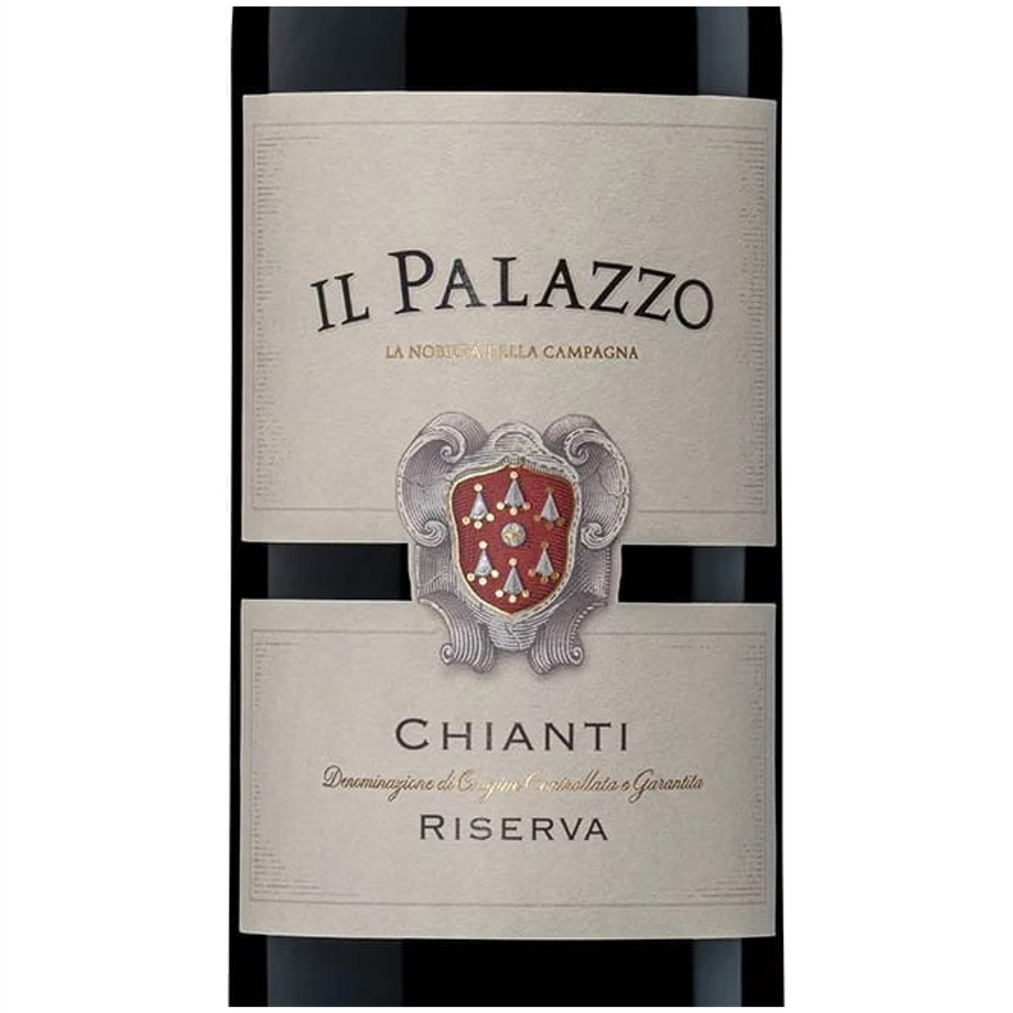 Wine bottle labeled 'Il Palazzo Chianti Riserva' on a white background closeup