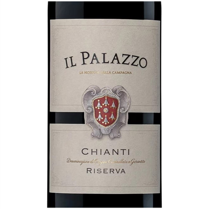 Wine bottle labeled 'Il Palazzo Chianti Riserva' on a white background closeup