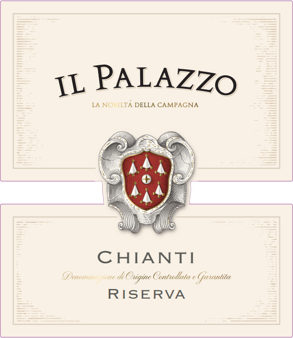 Il Palazzo Chianti Riserva wine label with crest on a light background