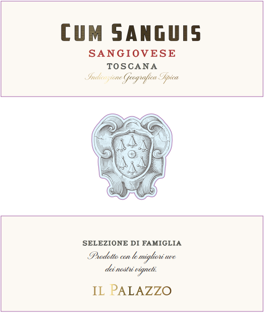 Il Palazzo wine label for Cum Sanguis Sangiovese Toscana with decorative emblem and text.