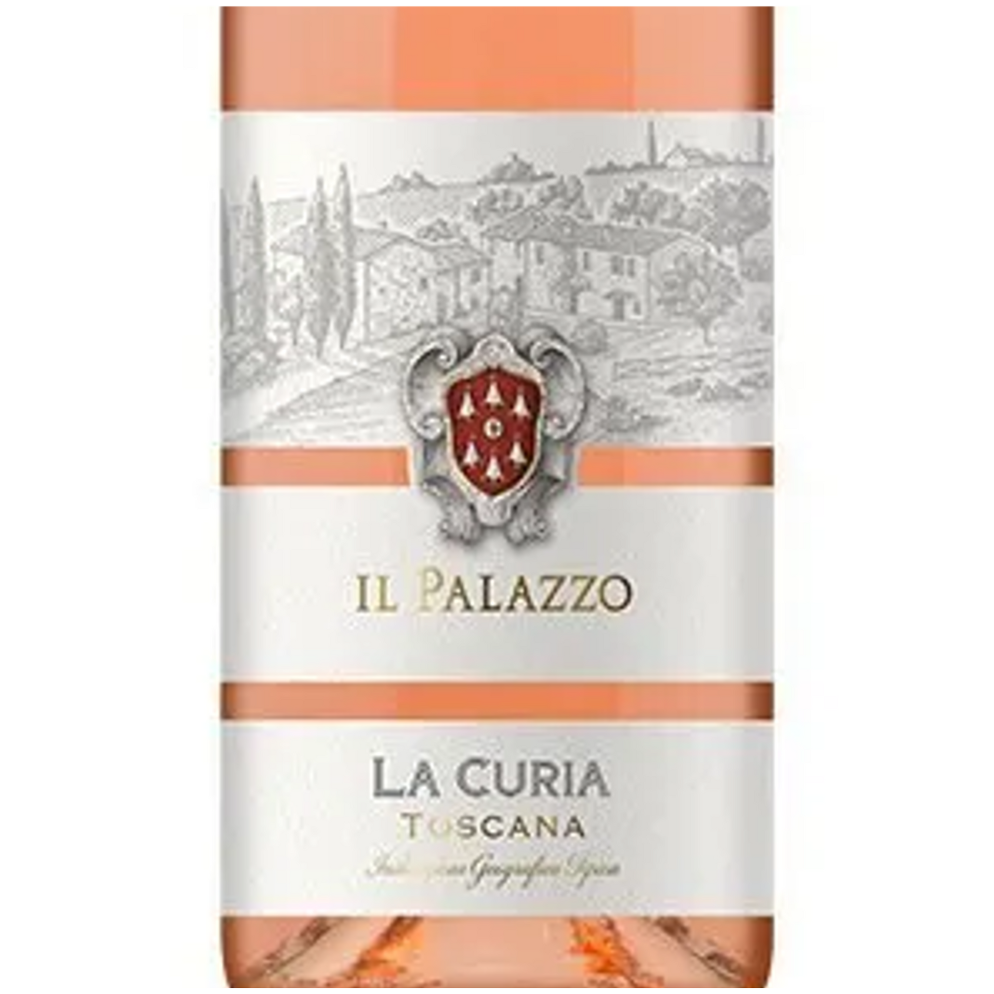 Wine bottle label for 'Il Palazzo La Curia Toscana' with a scenic design and crest.