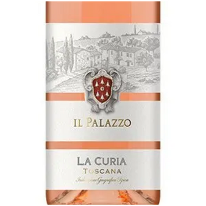 Wine bottle label for 'Il Palazzo La Curia Toscana' with a scenic design and crest.