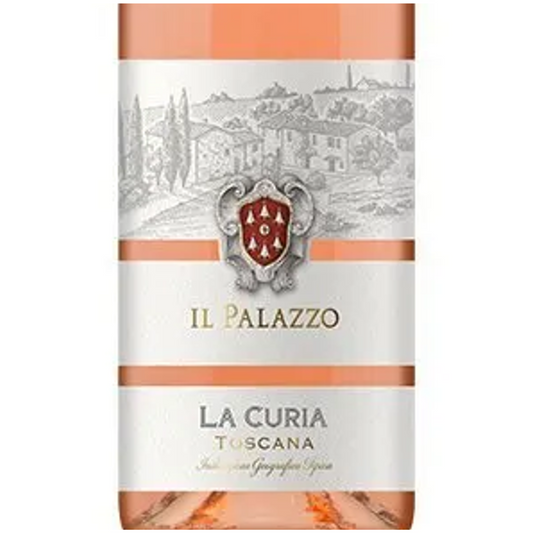 Wine bottle label for 'Il Palazzo La Curia Toscana' with a scenic design and crest.