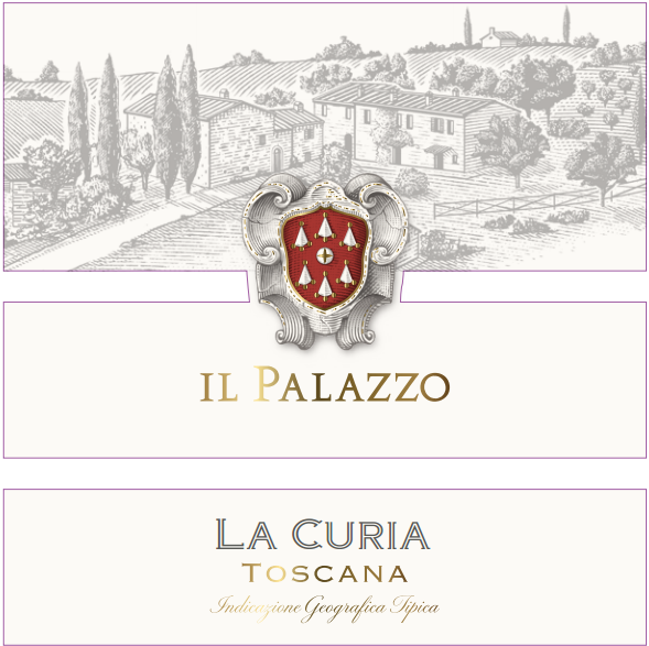 Wine label for Il Palazzo with a crest and La Curia Toscana on a scenic background.