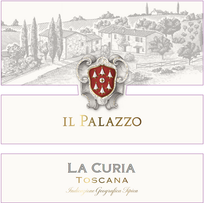 Wine label for Il Palazzo with a crest and La Curia Toscana on a scenic background.