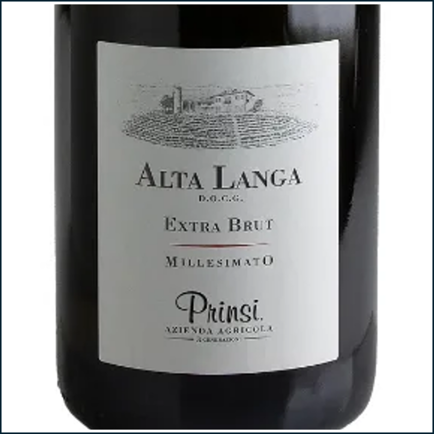Prinsi Alta Langa Extra Brut Wine Bottle Closeup