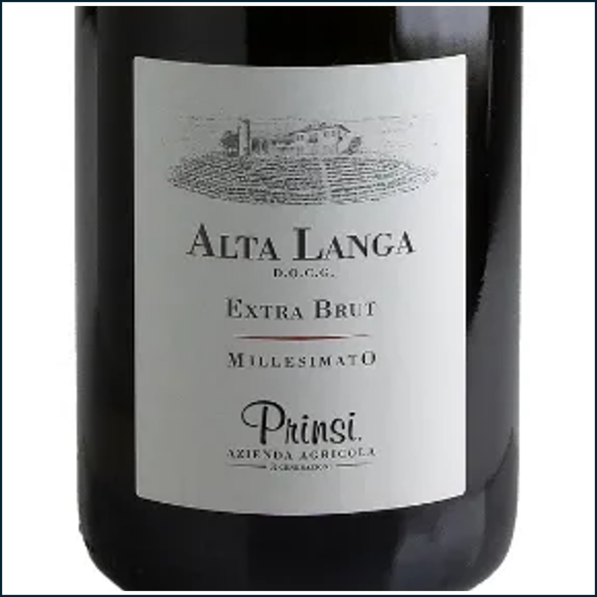 Prinsi Alta Langa Extra Brut Wine Bottle Closeup