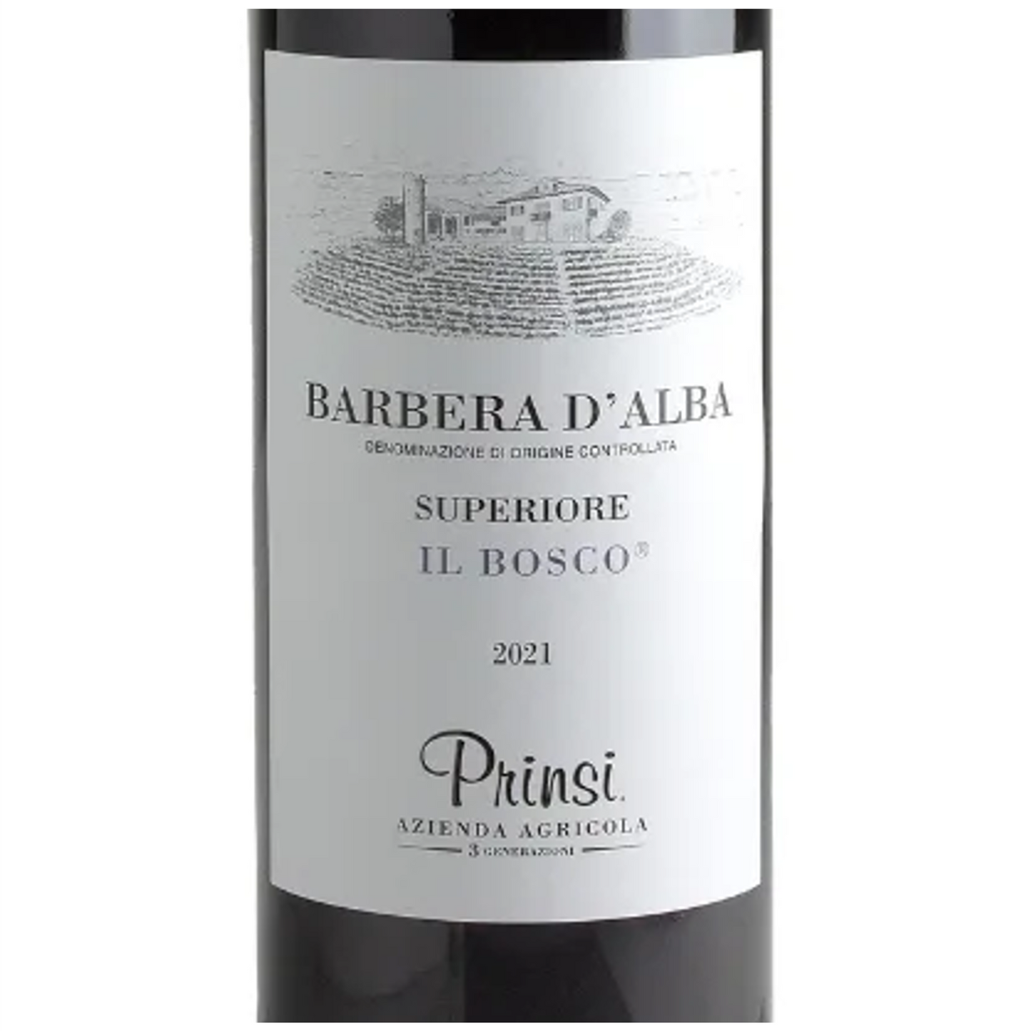 Prinsi Barbera d'Alba Superiore Il Bosco Wine Bottle Closeup