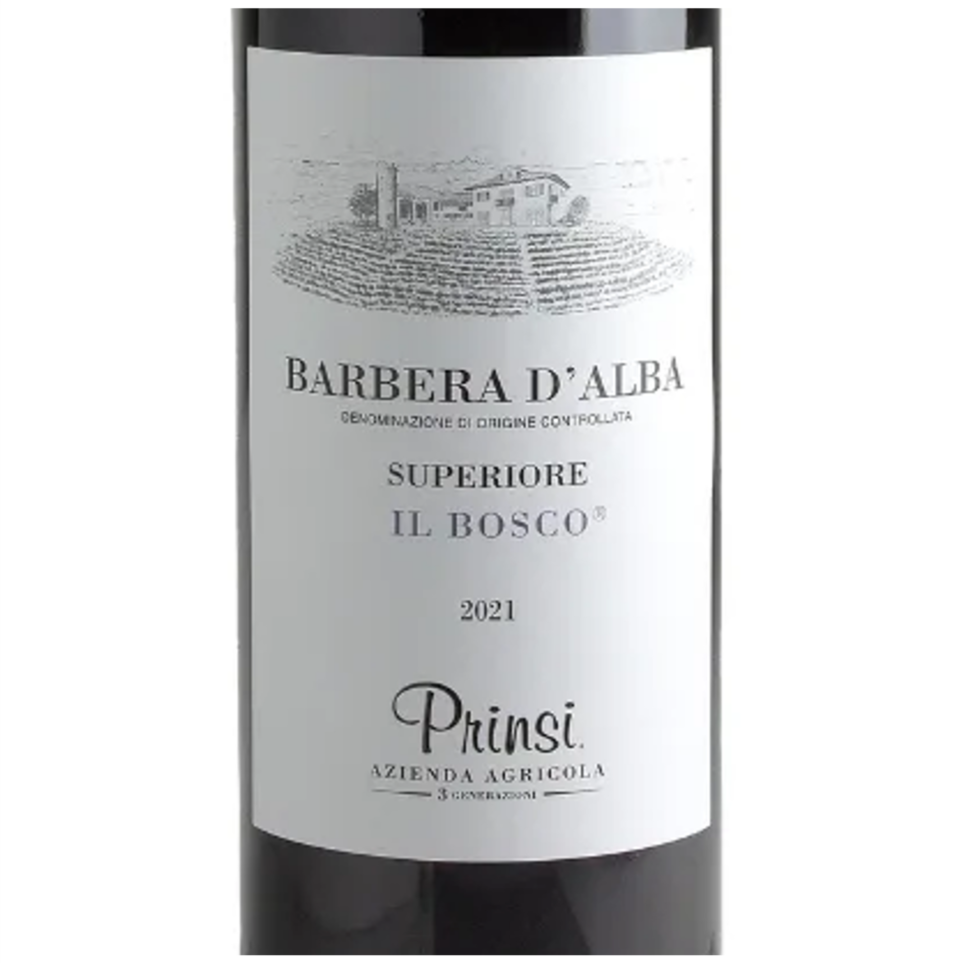 Prinsi Barbera d'Alba Superiore Il Bosco Wine Bottle Closeup