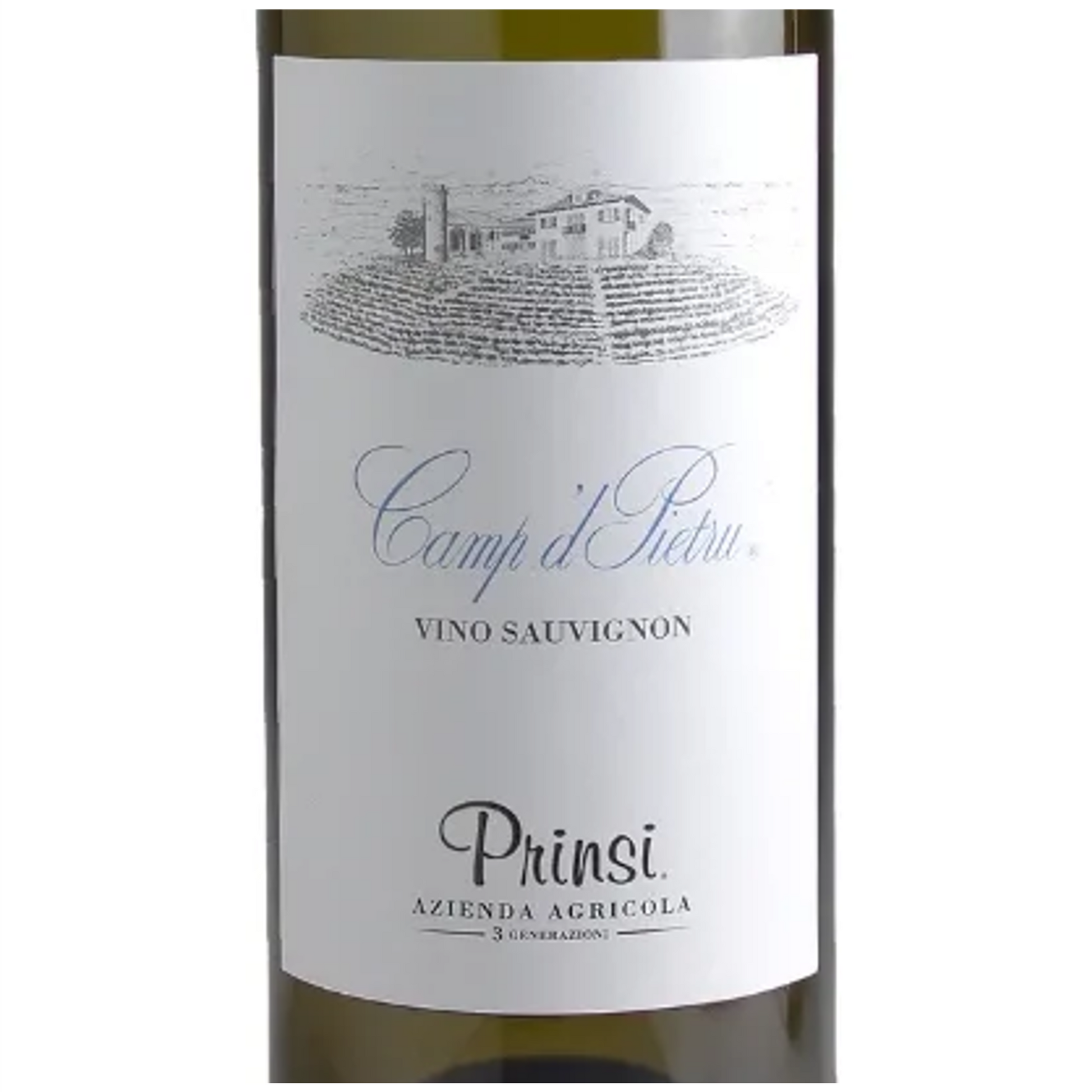 Prinsi Camp d'Pietru Vino Sauvignon Wine Bottle Closeup