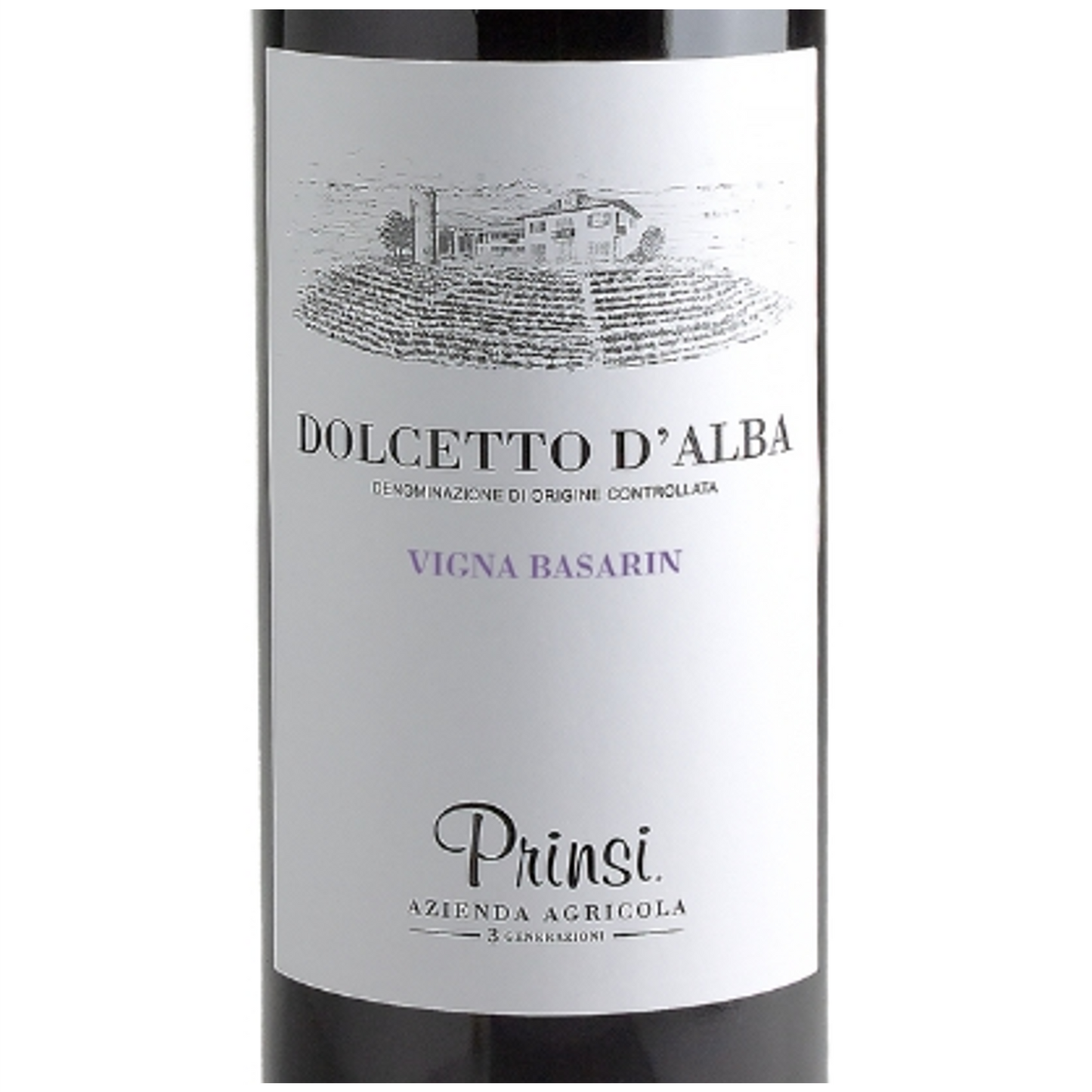 Prinsi Dolcetto Vigna Basarin Wine Bottle Closeup