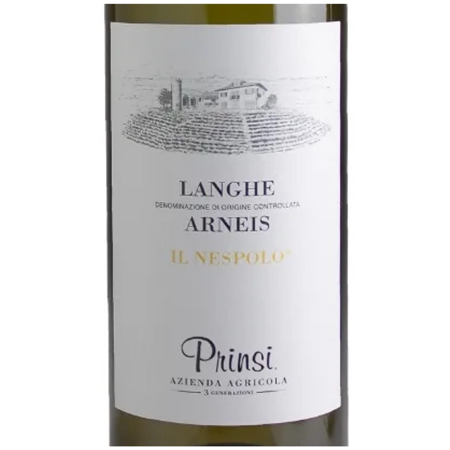 Prinsi Langhe Arneis Il Nespolo Wine Bottle Closeup