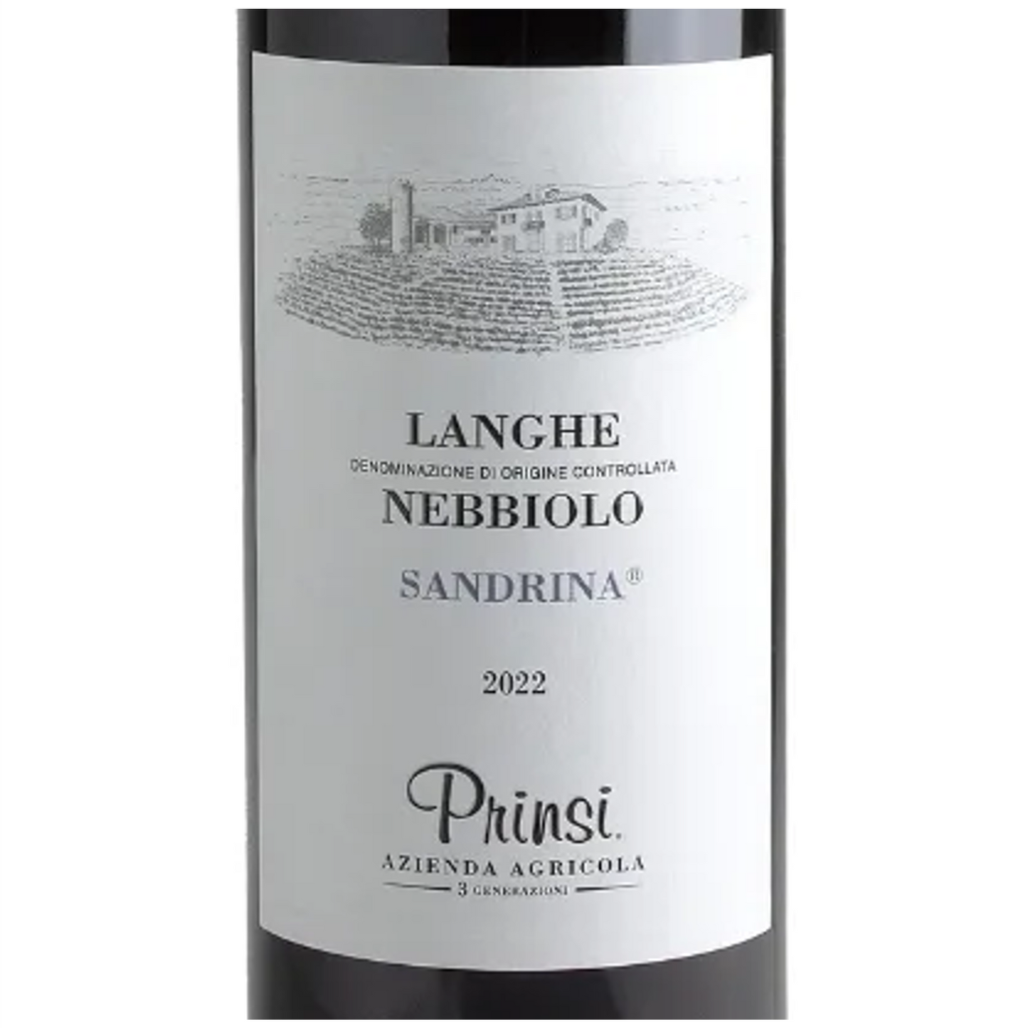 Prinsi Langhe Nebbiolo Sandrina Wine Bottle Closeup