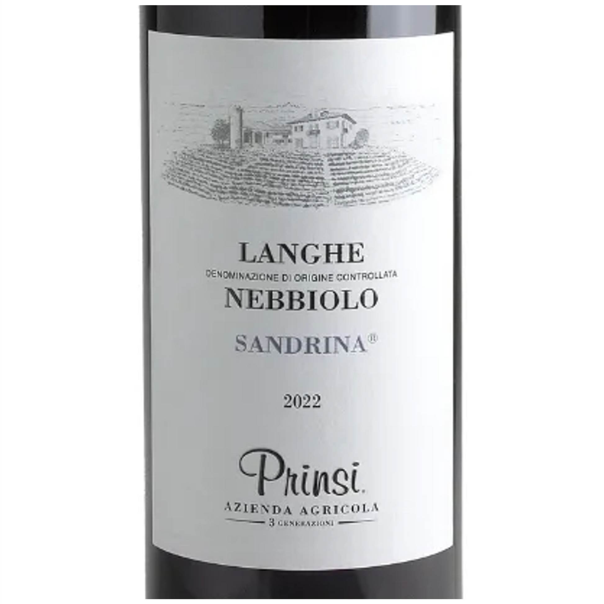 Prinsi Langhe Nebbiolo Sandrina Wine Bottle Closeup