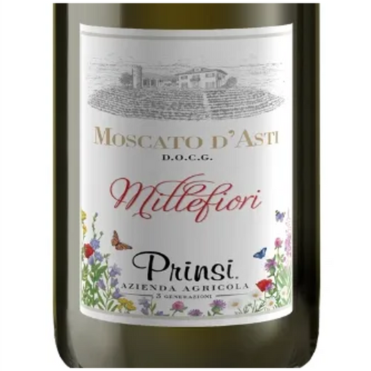 Prinsi Moscato d'Asti Millefiori Wine Bottle Closeup