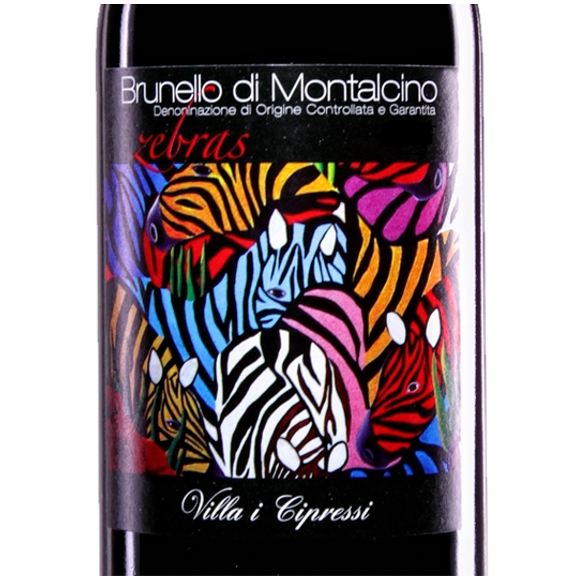 Villa i Cipressi Burnello Montalcino Zebras Wine Bottle Closeup